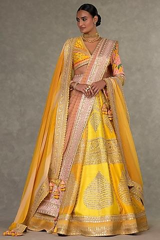 yellow raw silk motif & sitara embellished lehenga set