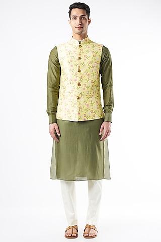 yellow raw silk nehru jacket