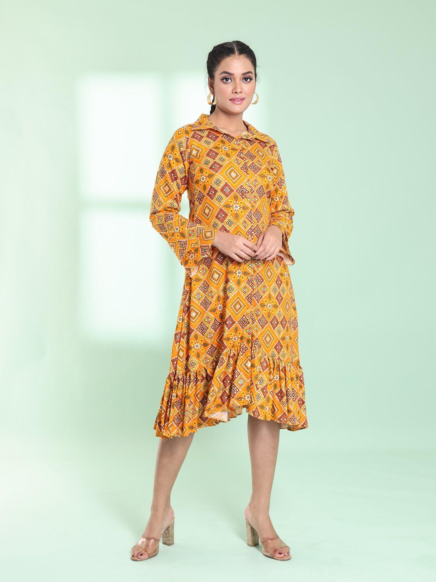 yellow rayon bandhani printed a-line stitched ethnic dress