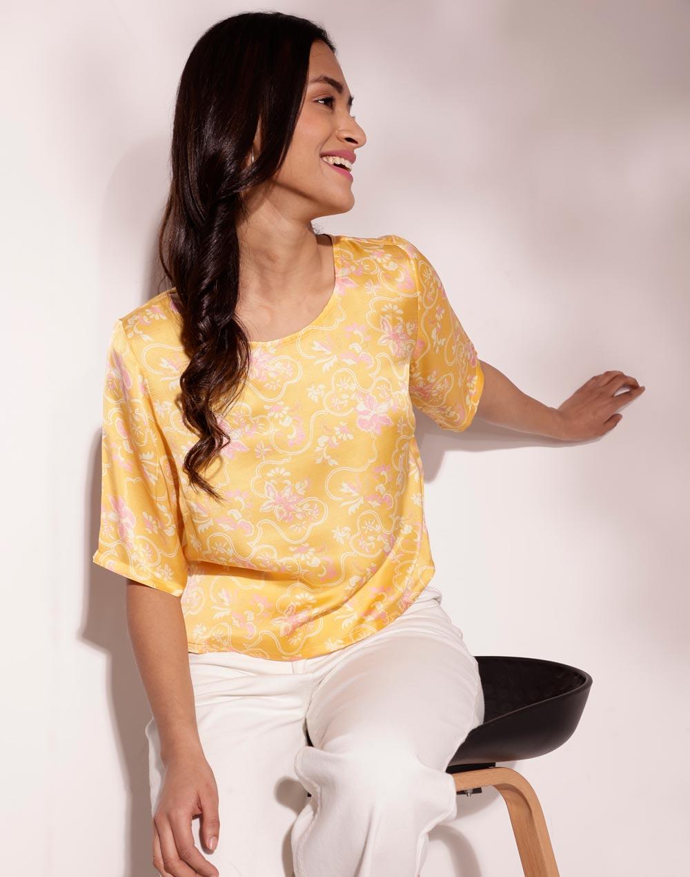 yellow rayon blend printed short top