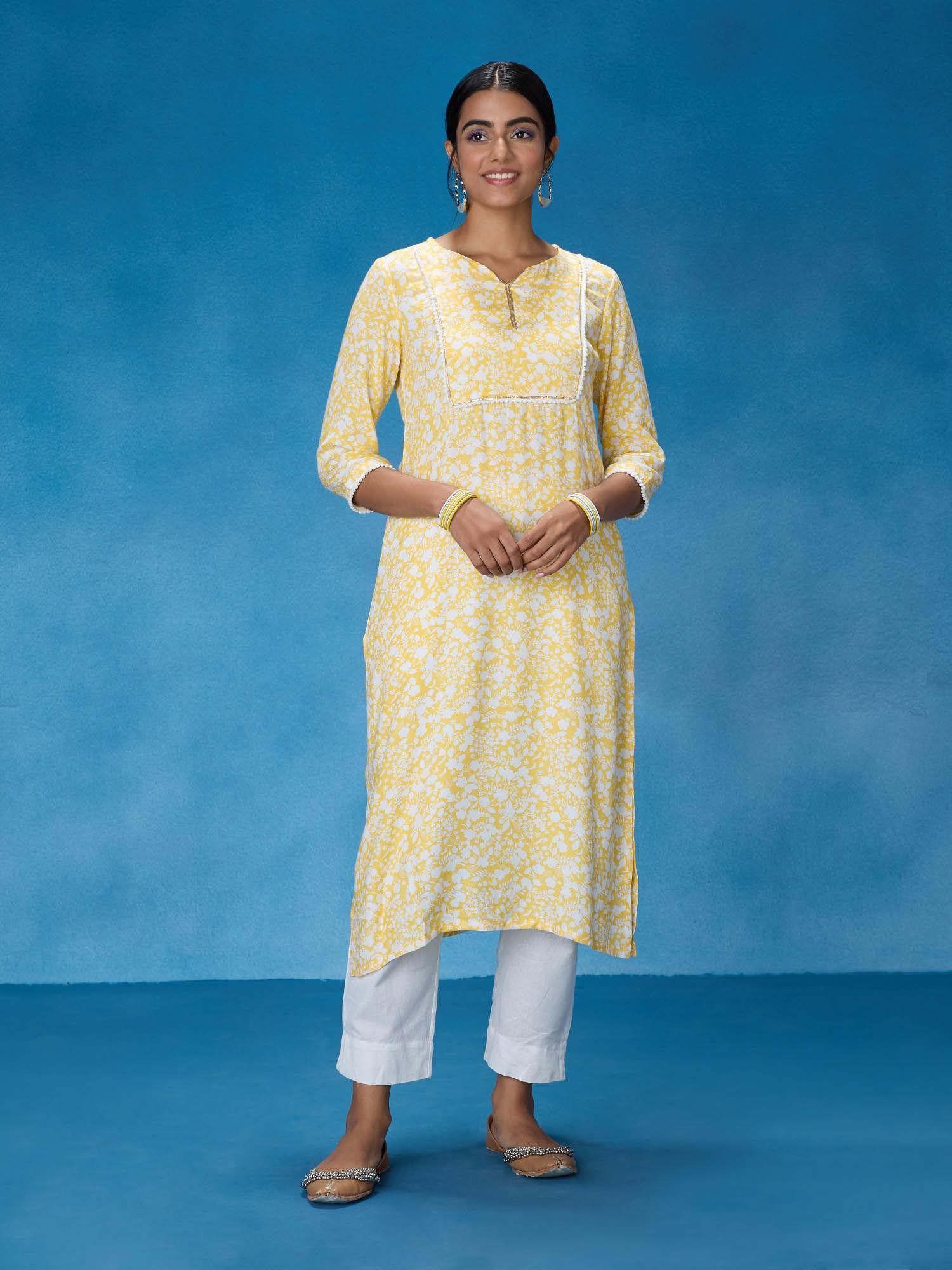 yellow rayon embroidered printed kurta likkur201