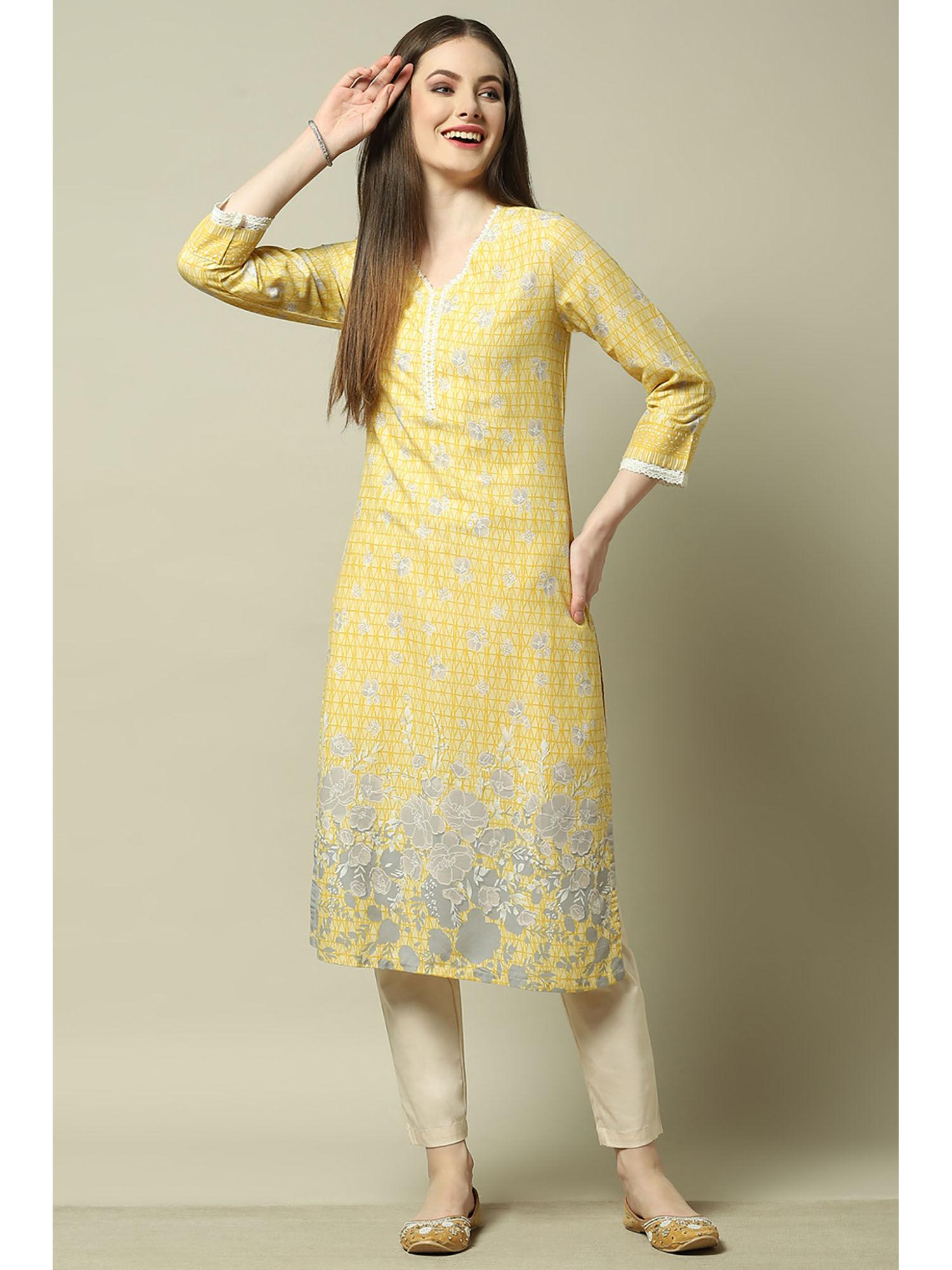 yellow rayon floral straight kurta