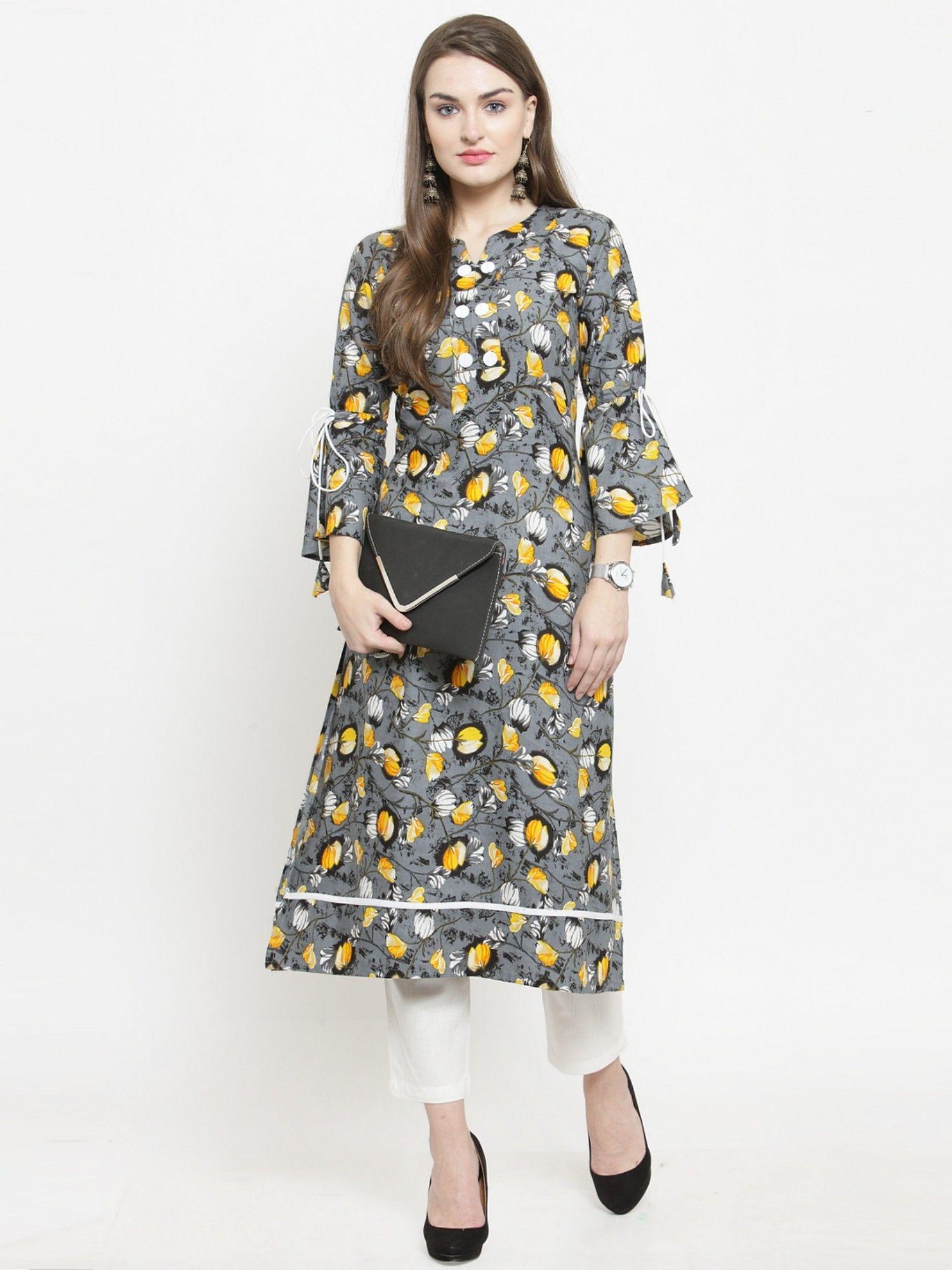 yellow rayon flower print straight kurta