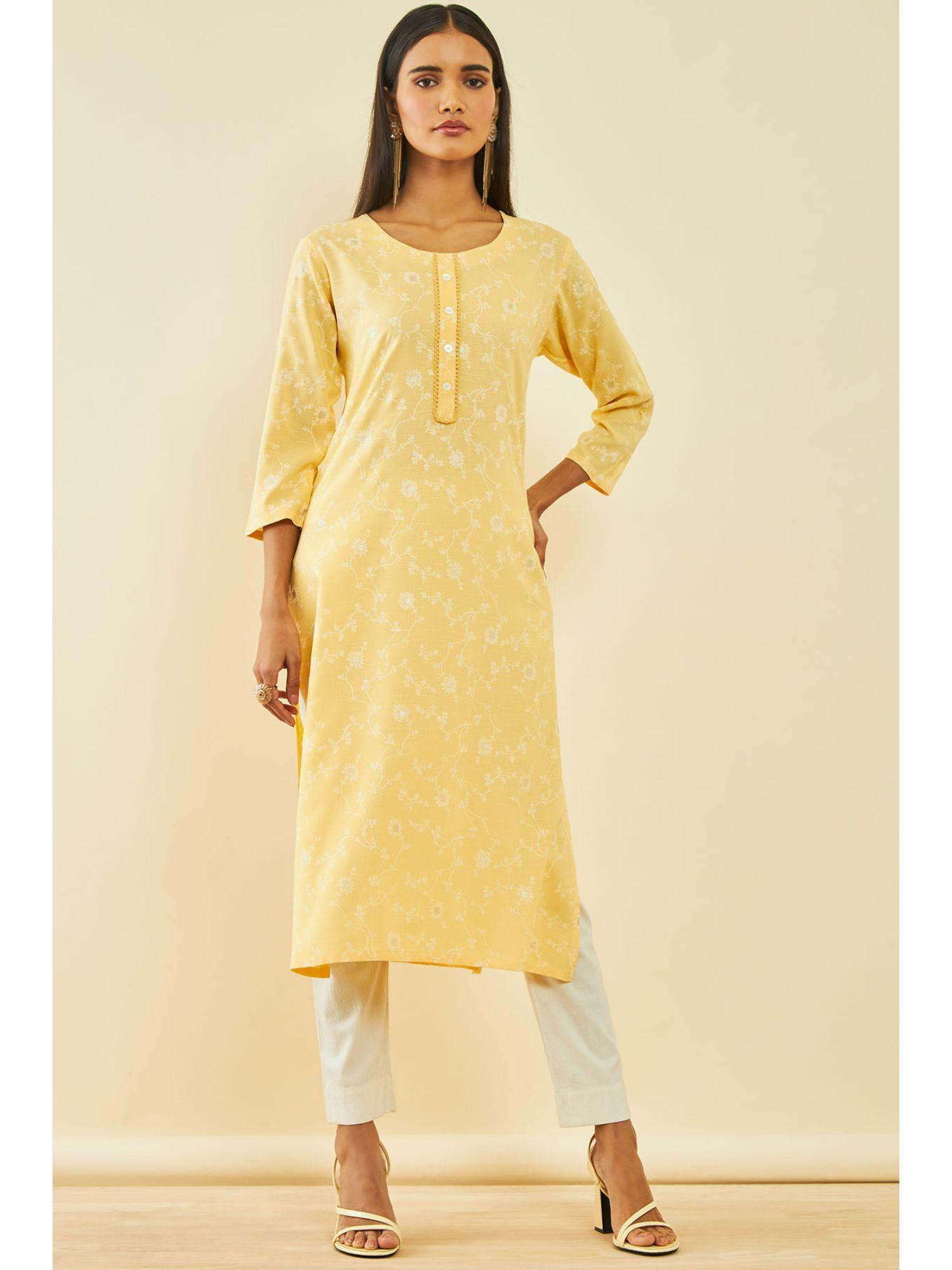 yellow rayon foliage floral print woven work kurta