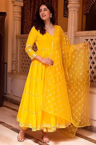 yellow rayon gota patti embroidered anarkali set