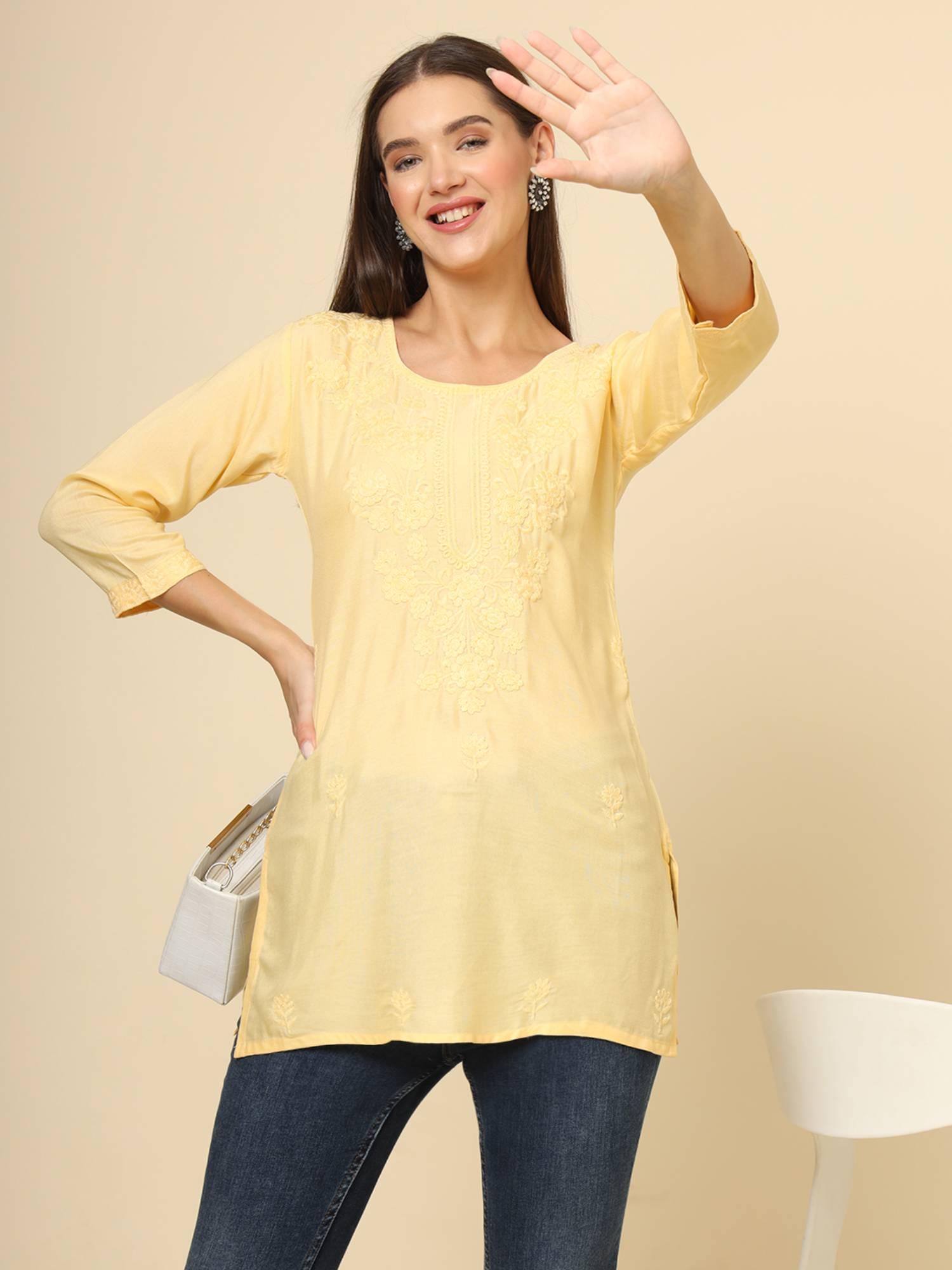 yellow rayon lucknowi chickankari work kurti