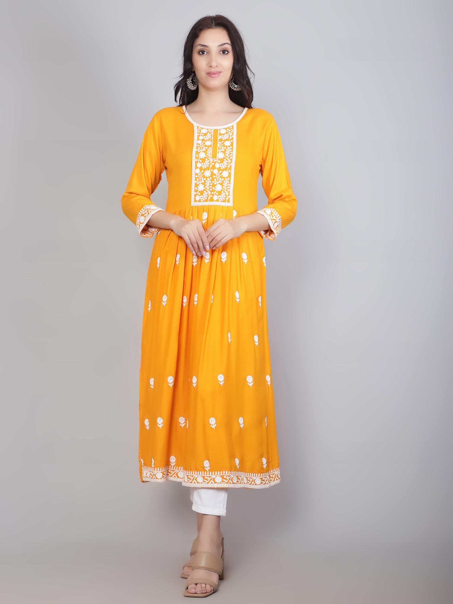 yellow rayon lucknowi chikankari work round kurta