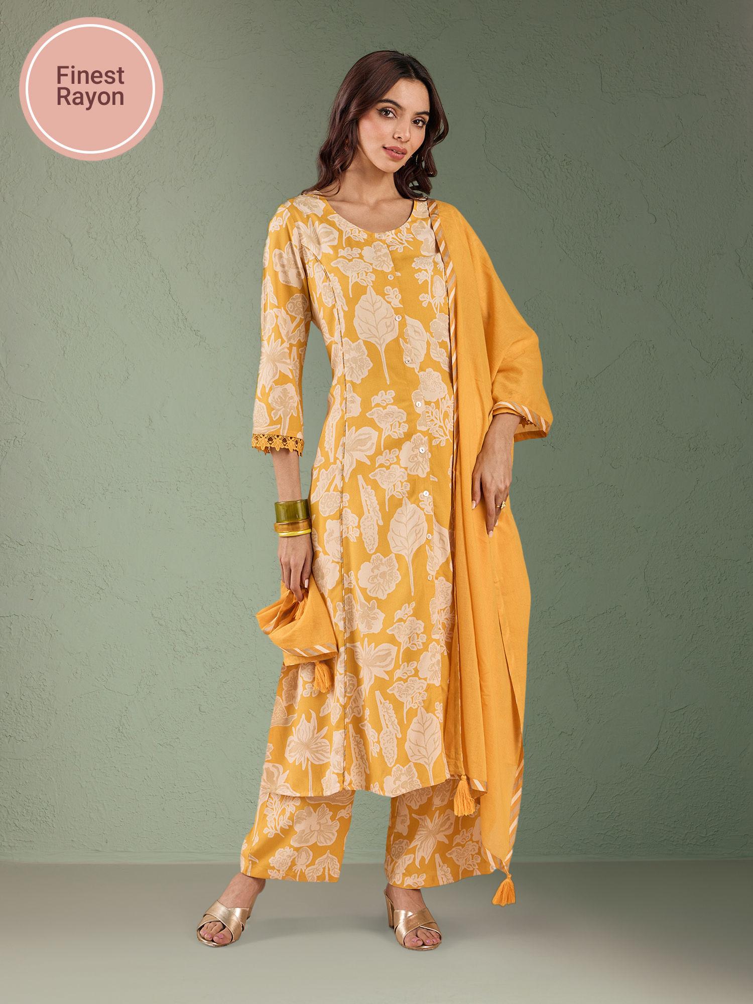 yellow rayon printed a line kurta with lace detailing with printed pant & dupatta likcfks03