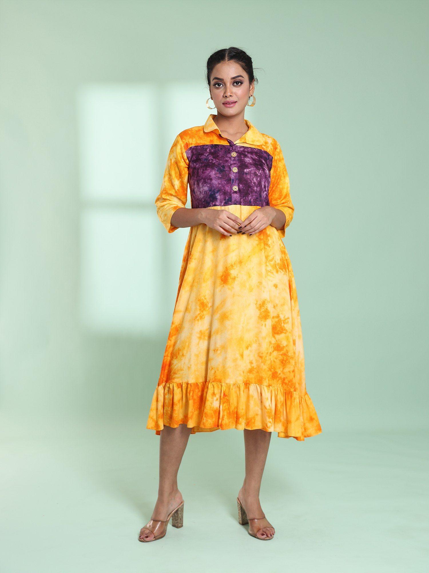 yellow rayon printed stitched ethnic dress