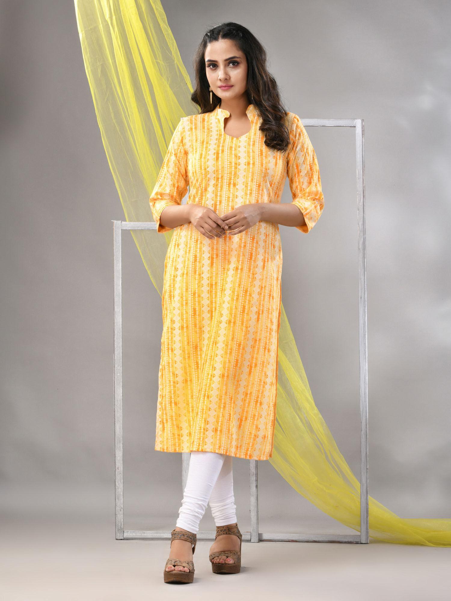 yellow rayon printed straight kurta