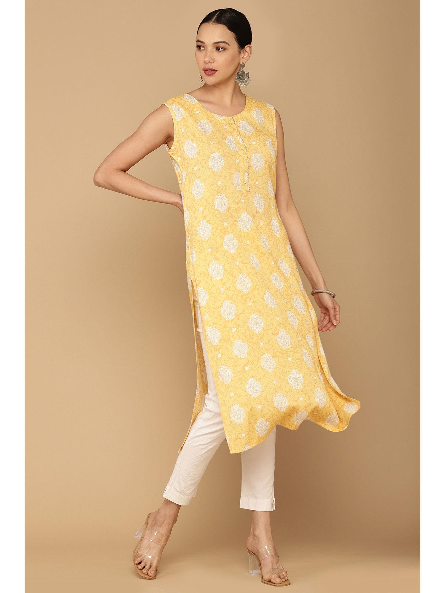 yellow rayon screen printing straight fit kurta