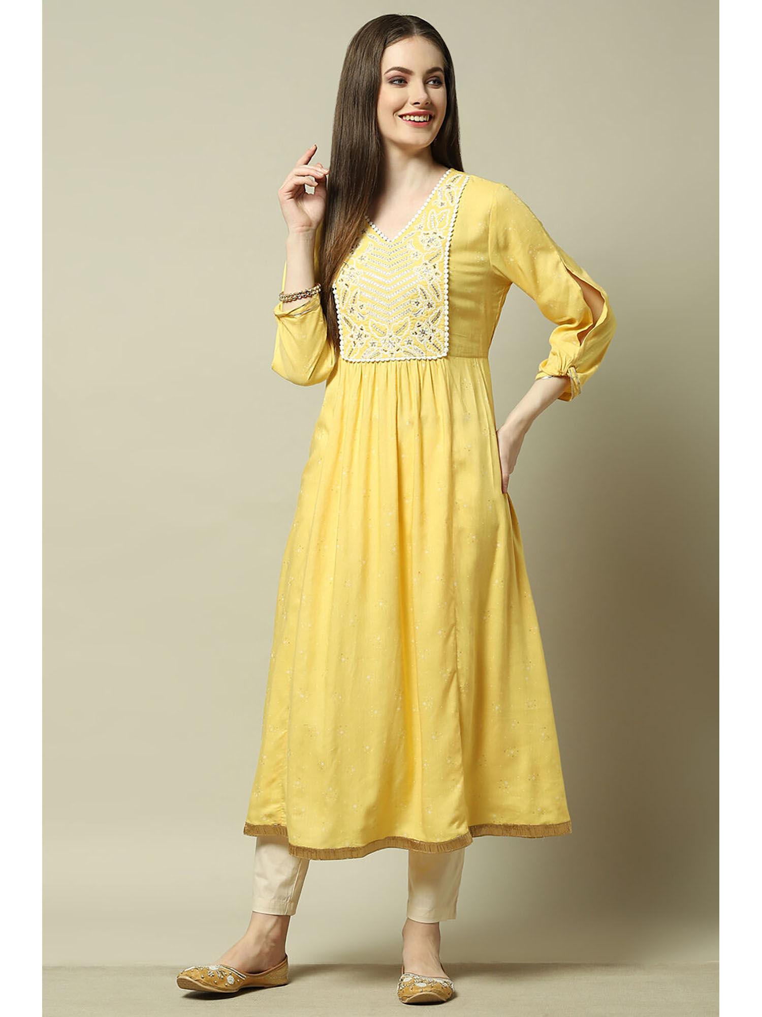 yellow rayon slub embroidered straight kurta