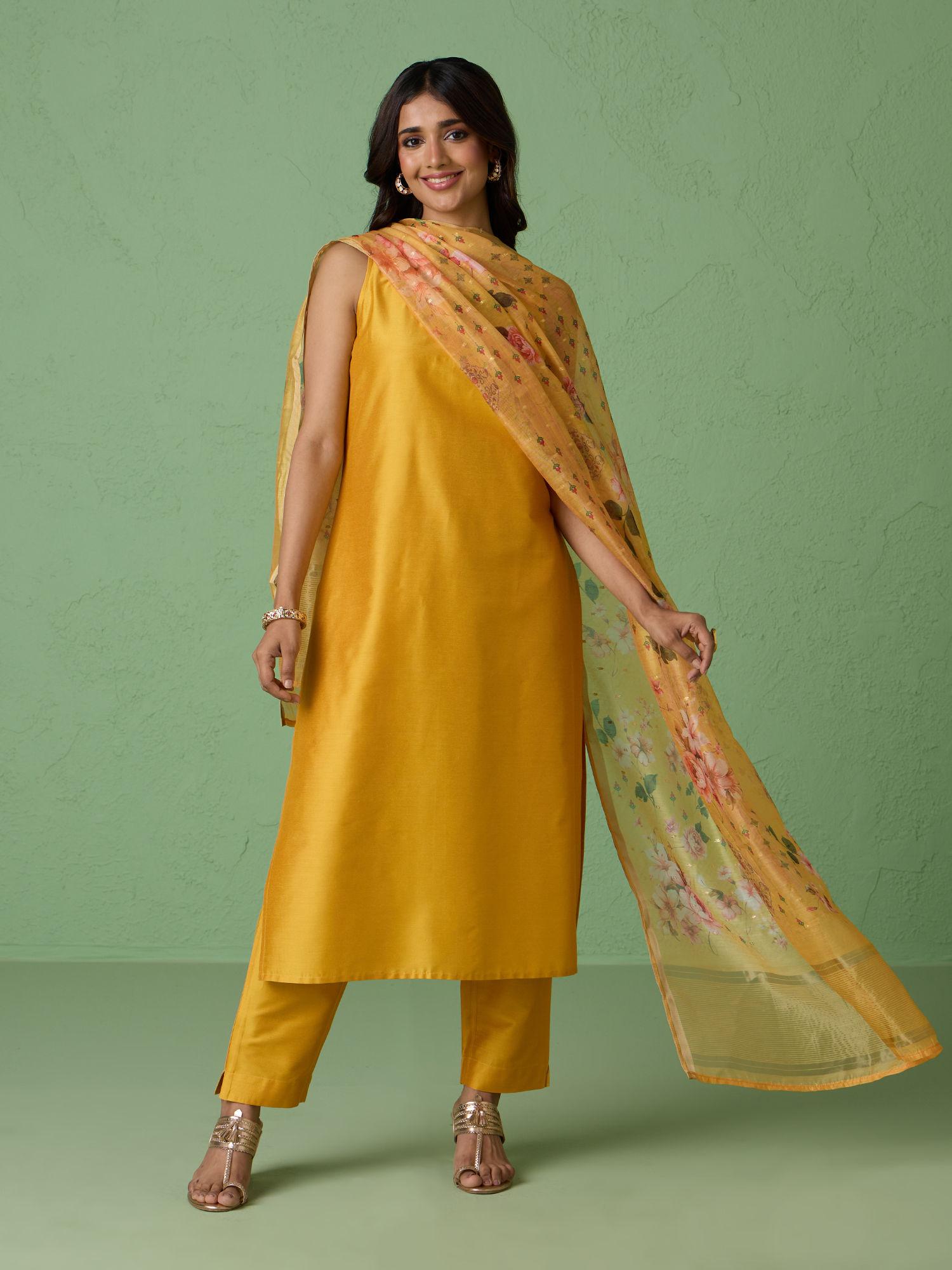 yellow rayon straight kurta with beads work on neck and pant with dupatta (set of 3)