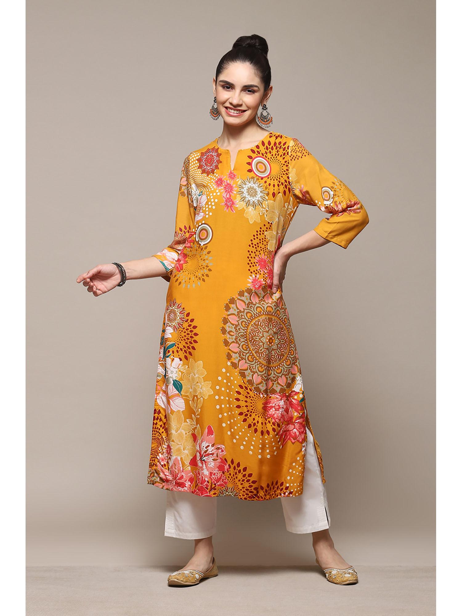 yellow rayon straight printed kurta