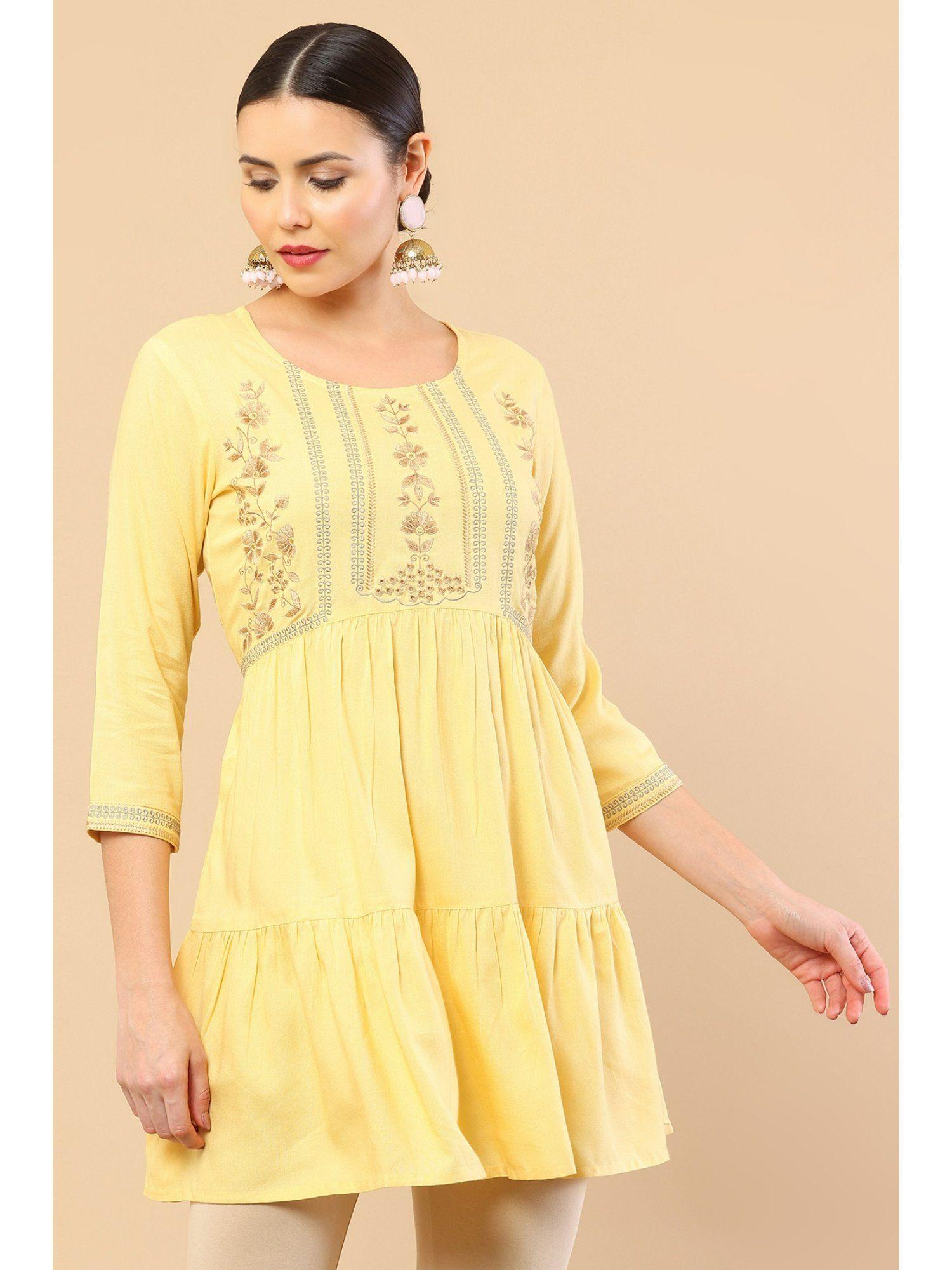 yellow rayon tiered tunic with floral embroidery