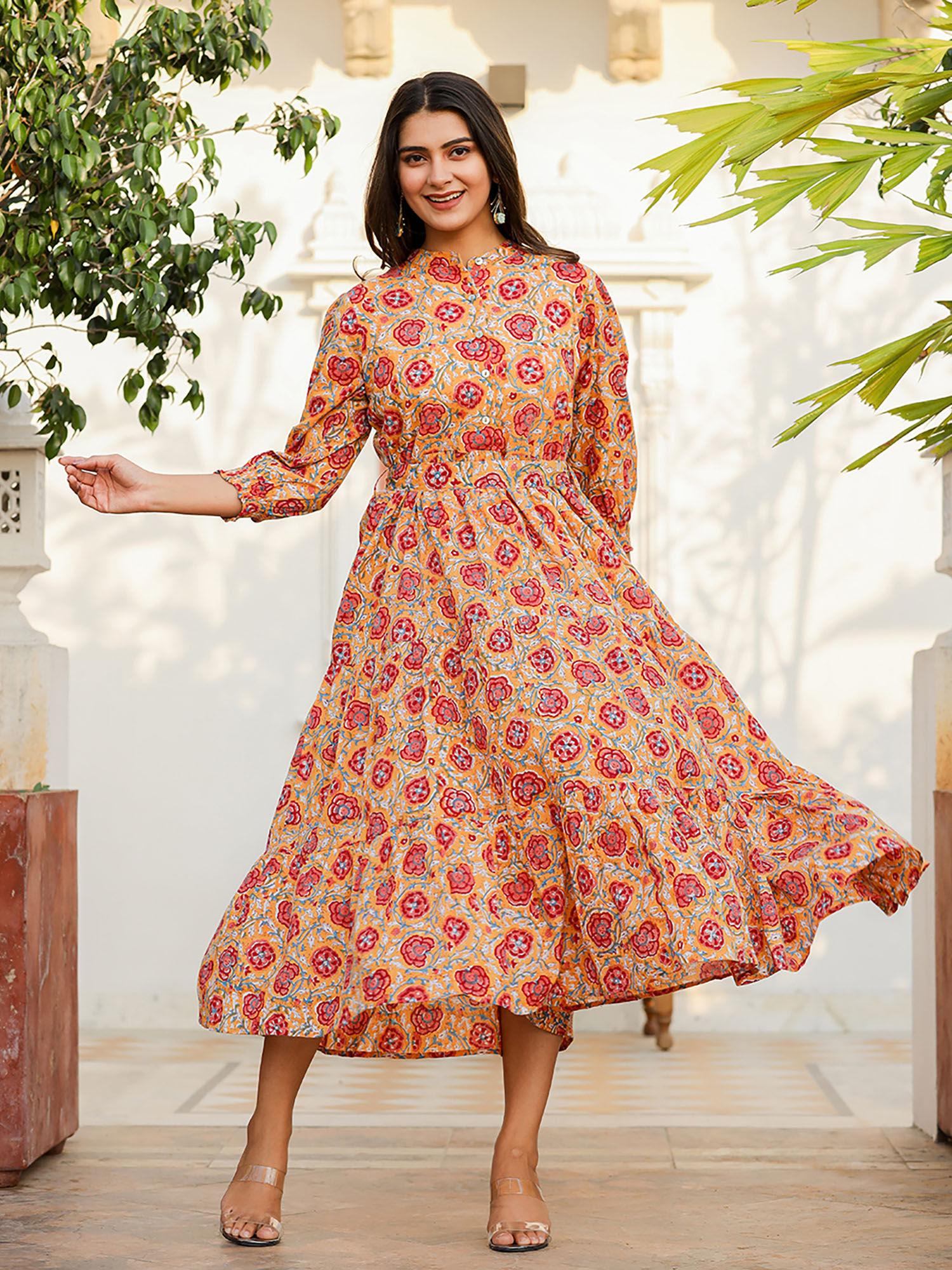 yellow-red floral hand block print cotton dress with belt (set of 2)