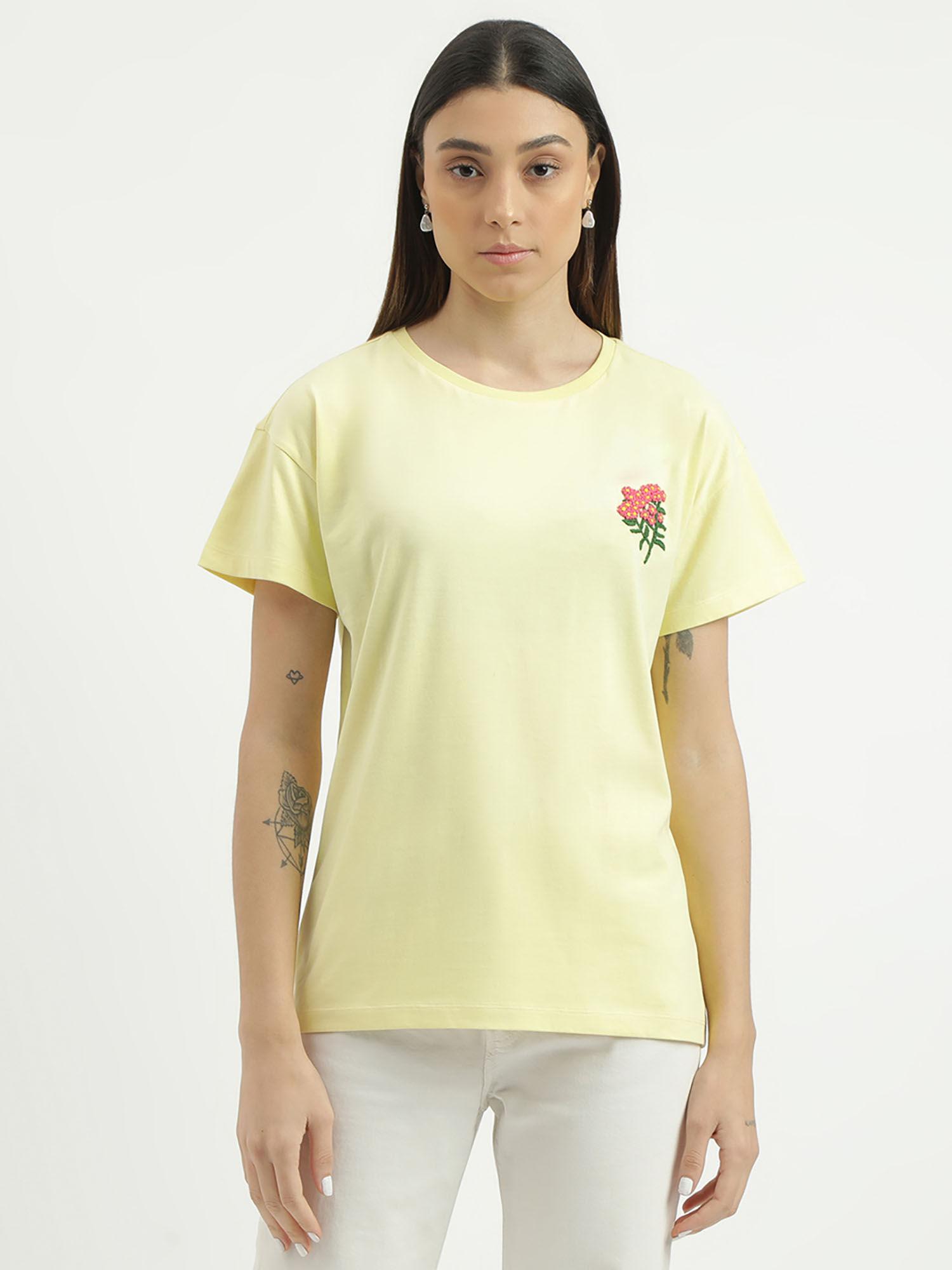 yellow regular fit round neck embroidered t-shirt