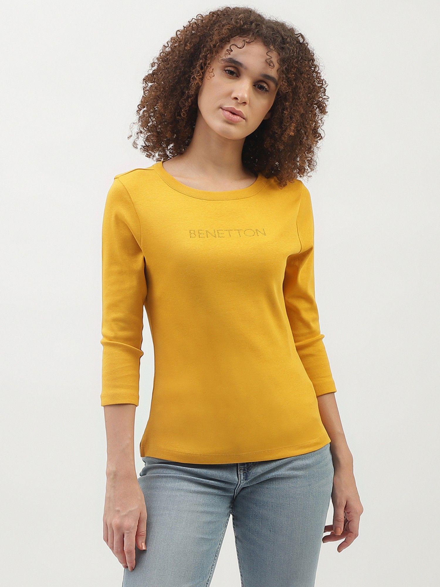yellow regular fit round neck solid pattern top