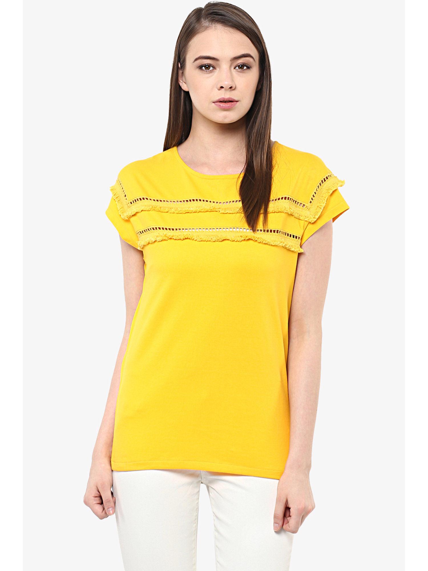 yellow relaxed fit continuous sleeve round neck solid lace panelled fringe top