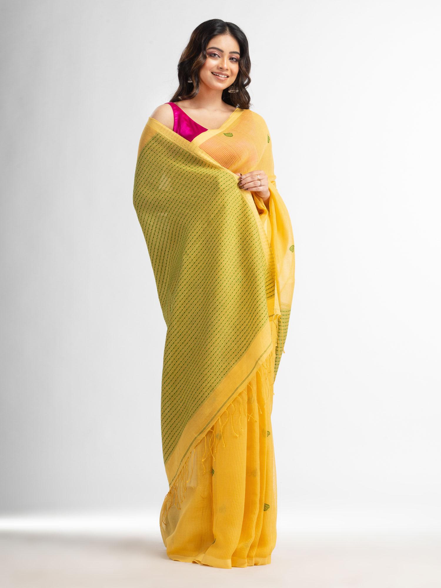 yellow resham cotton kota check buti jacquard pallu saree with unstitched blouse