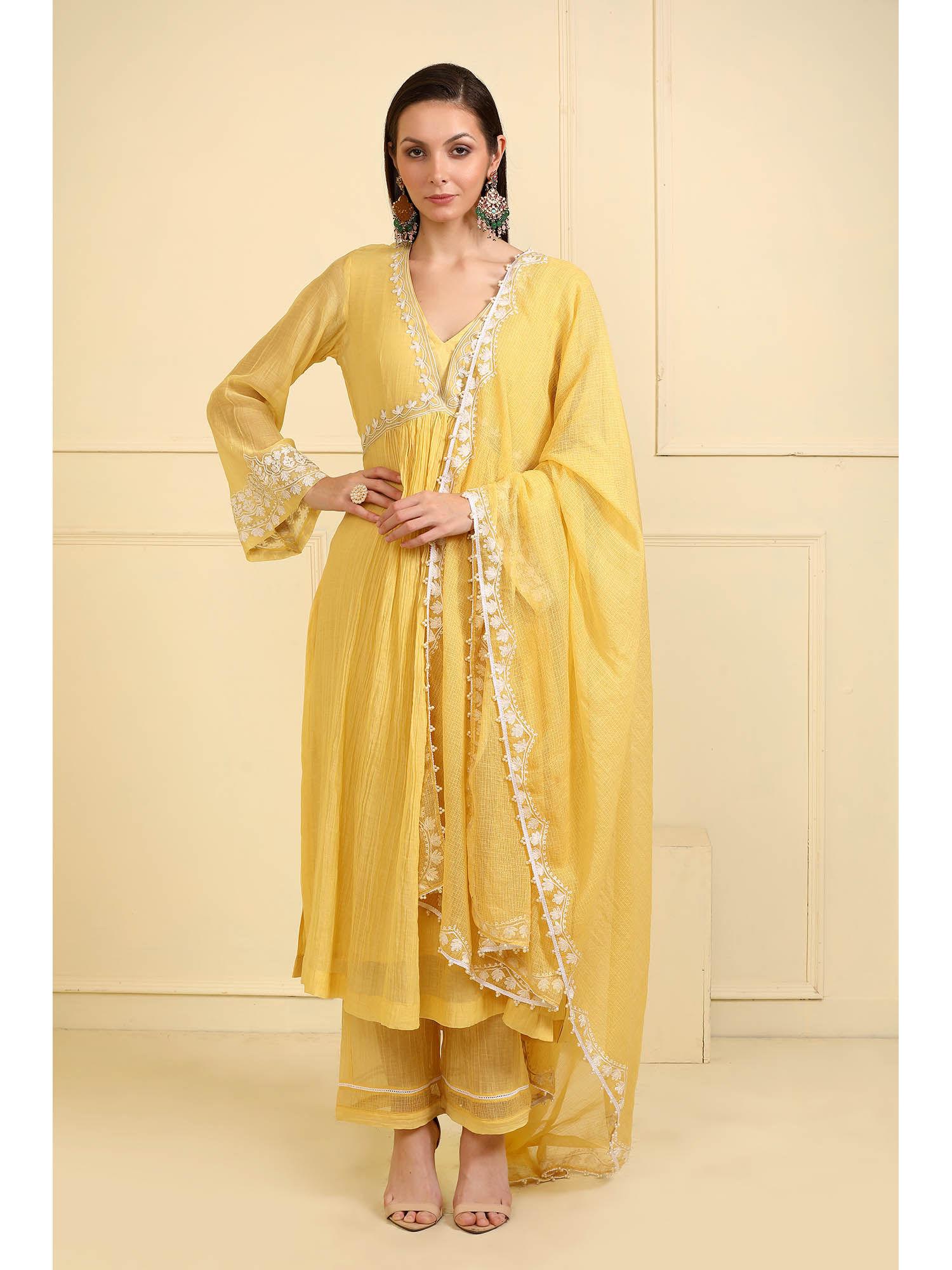 yellow resham embroidered kurta with pant and dupatta (set of 3)