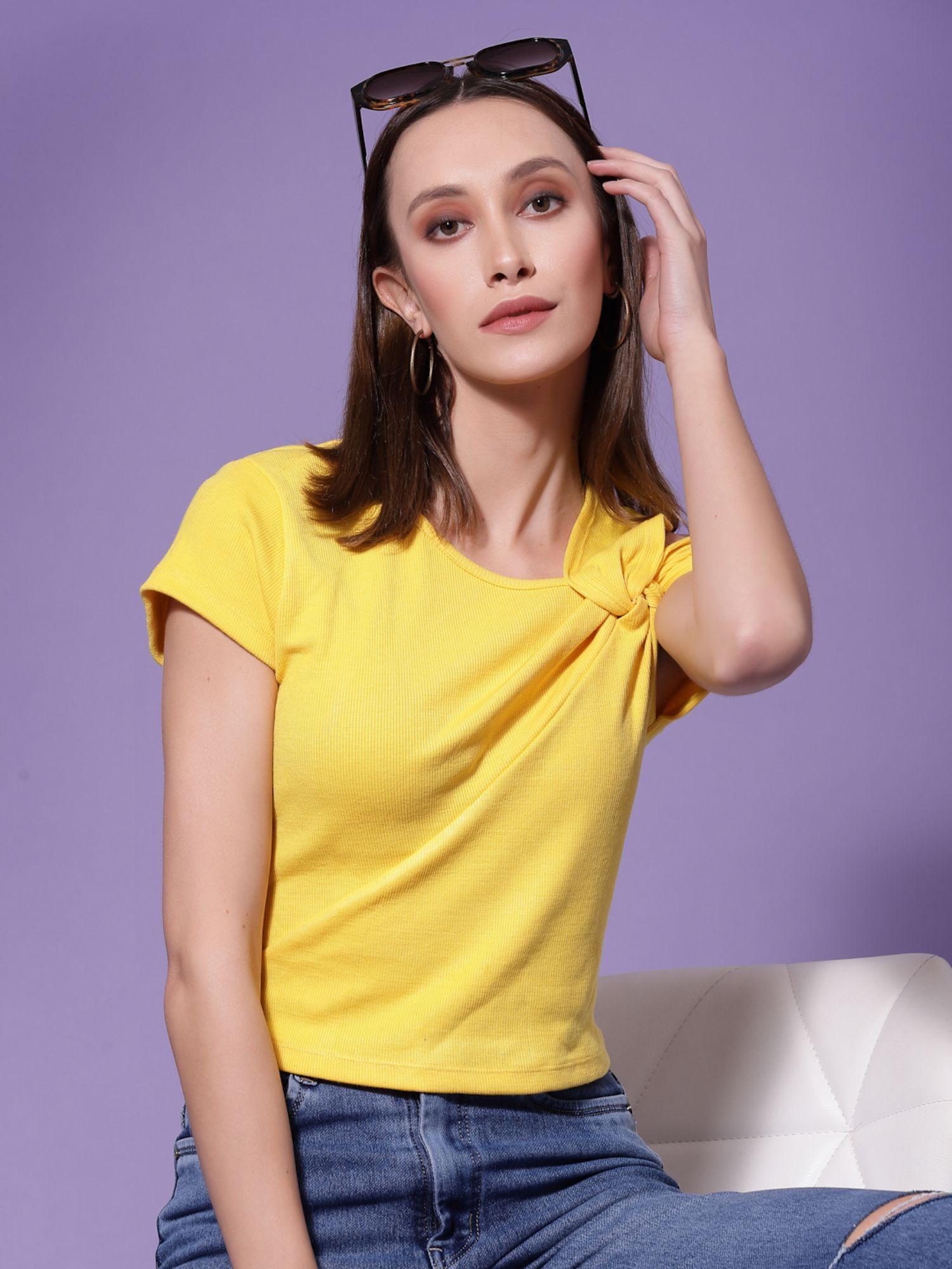 yellow rib asymmetric sleeve top