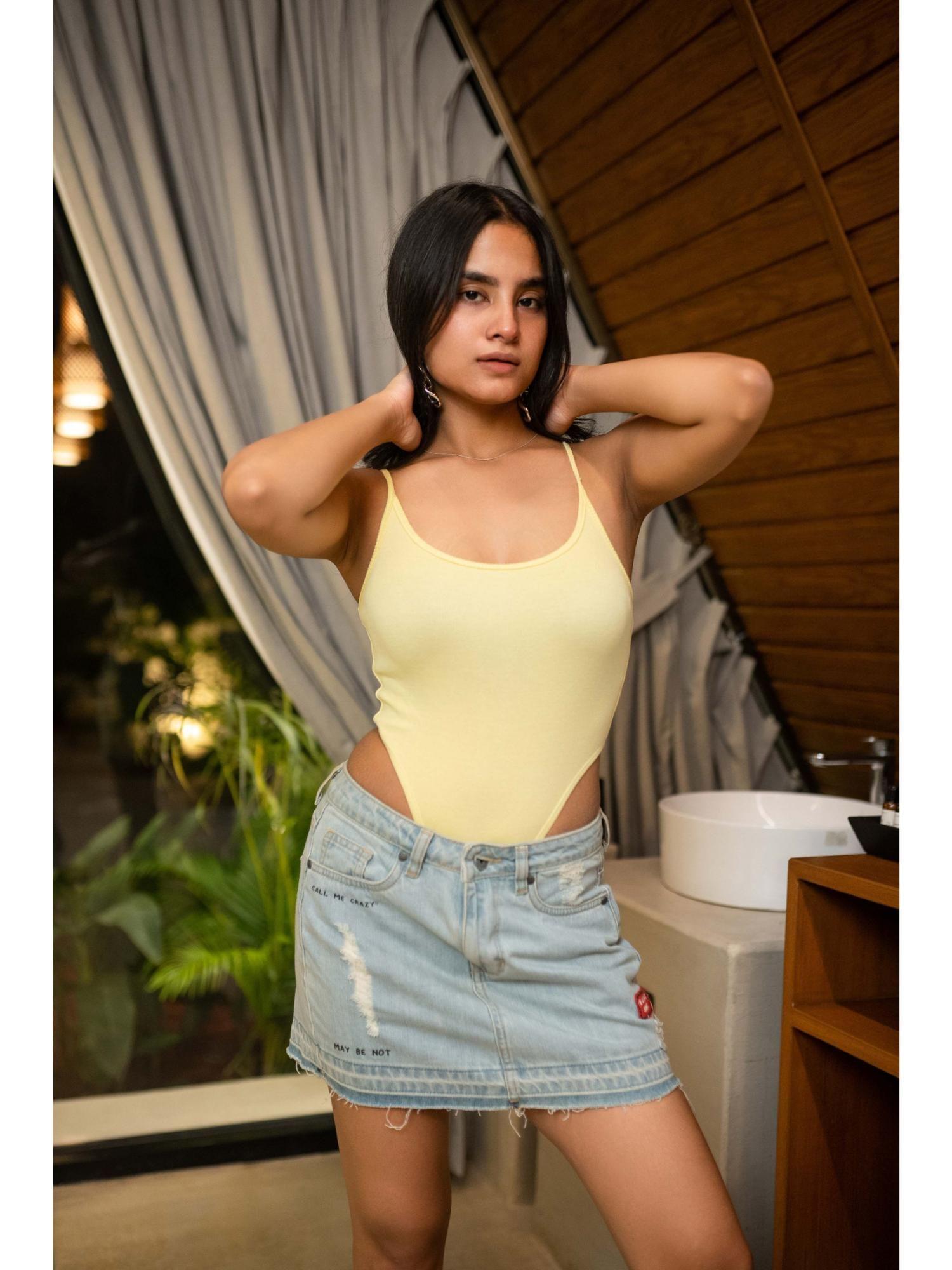 yellow ribbed high cut bodysuit