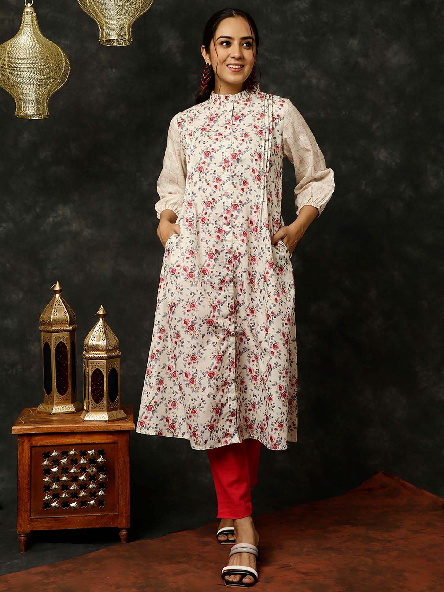 yellow rose printed a-link kurta