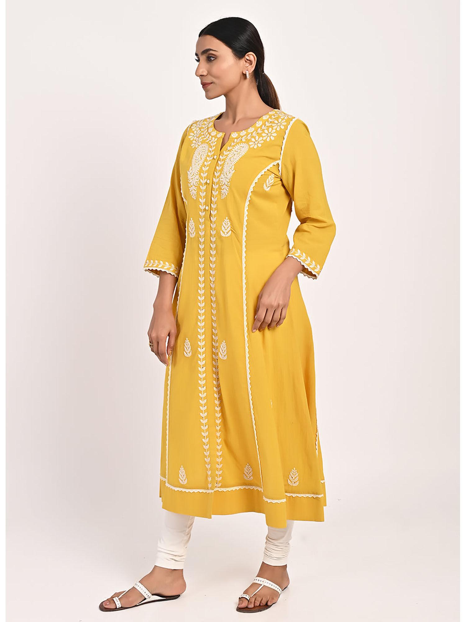 yellow round-neck embroidered straight kurta for women