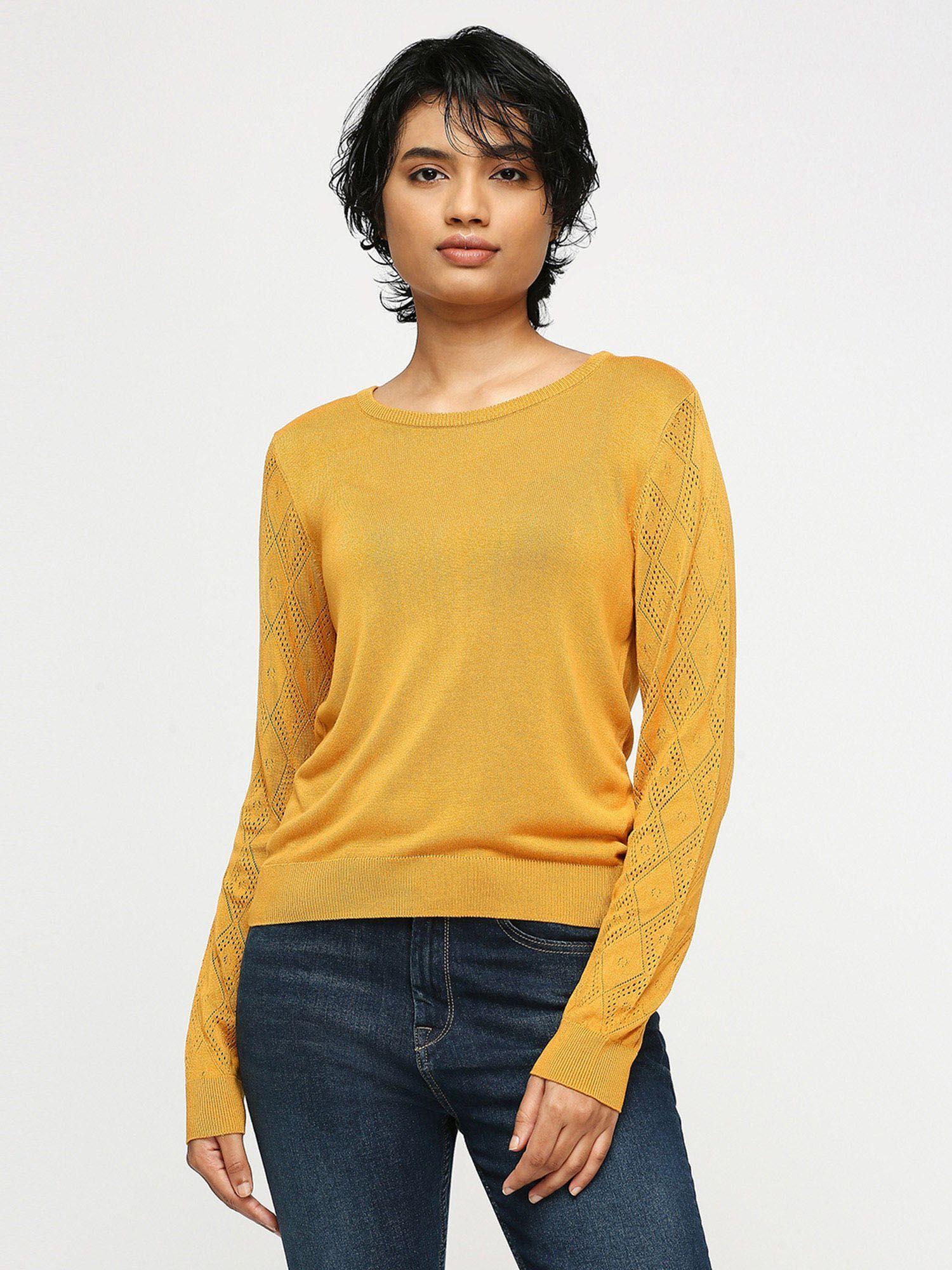 yellow round neck full sleeved sweater