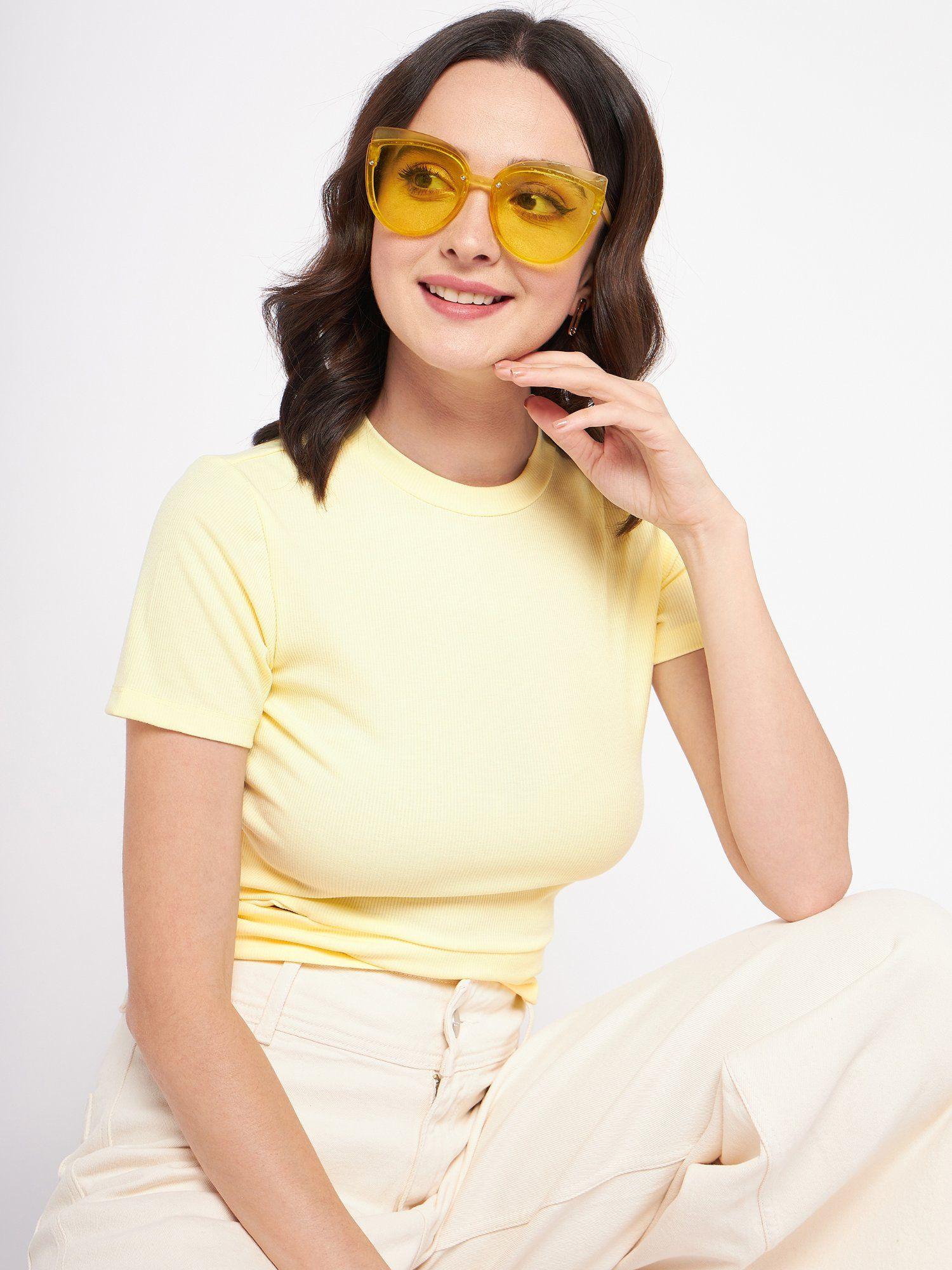 yellow round neck half sleeves crop tops