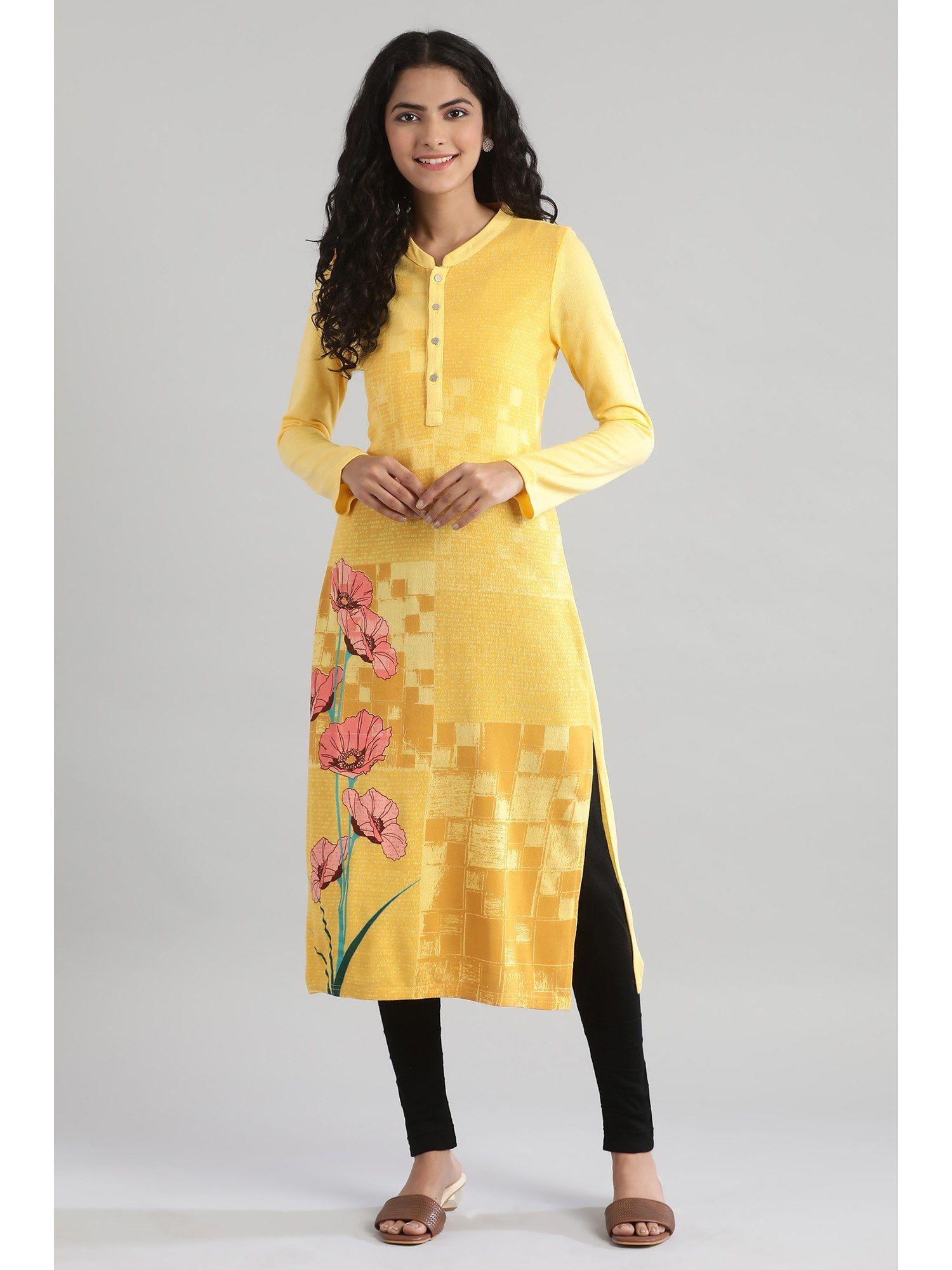 yellow round neck winter kurta