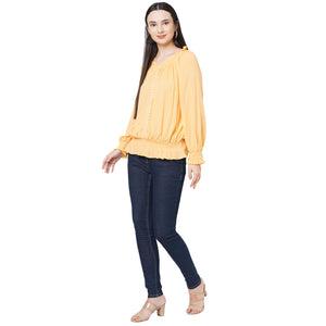 yellow round neck with ruffle detailing top for women