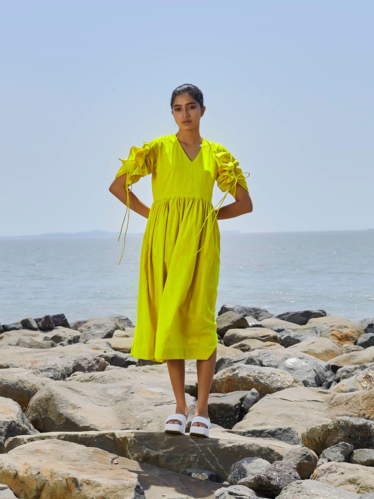 yellow ruffle sleeve dress