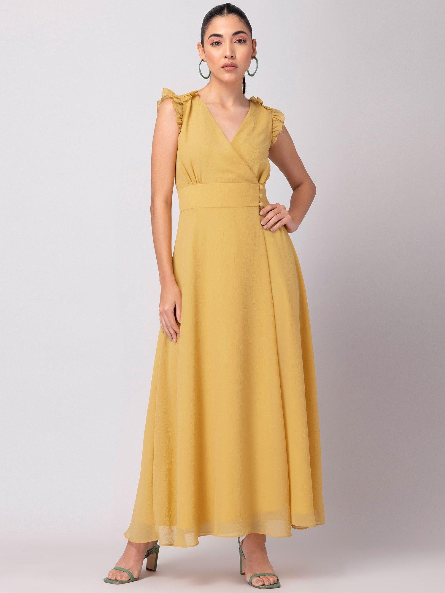 yellow ruffle sleeve wrap maxi dress