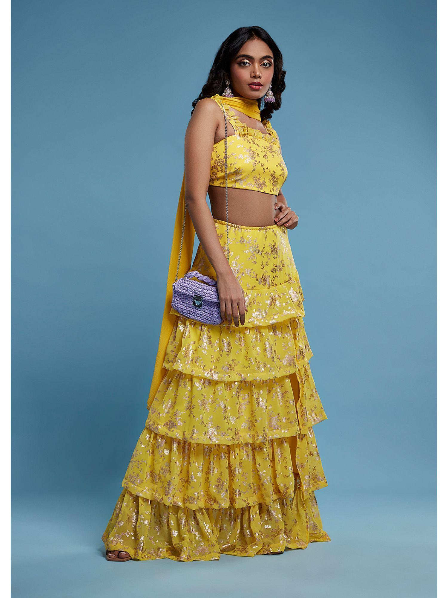 yellow ruffle sleeveless lehenga with dupatta (set of 3)