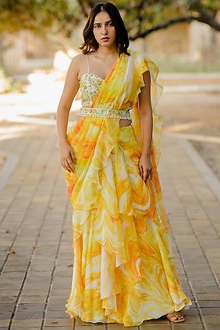 yellow ruffled moti embellished saree set