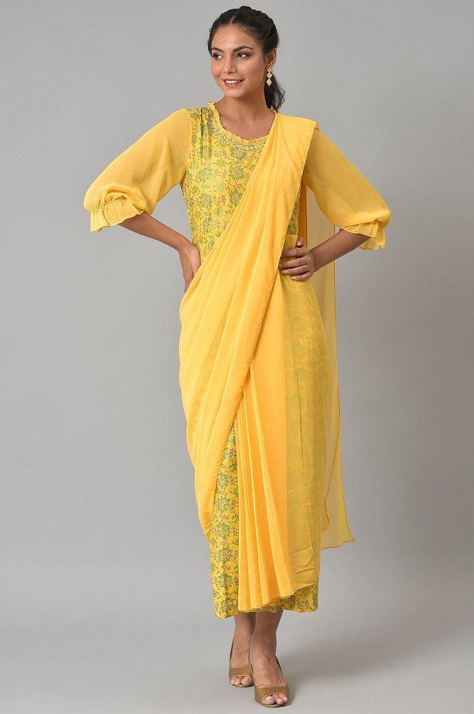 yellow saree dress with georgette puffy sleeves