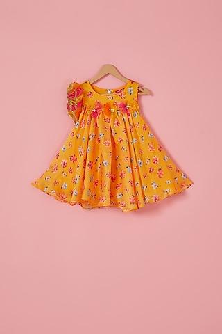 yellow satin & net floral printed flared dress for girls