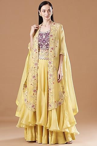 yellow satin & organza embroidered jacket lehenga set