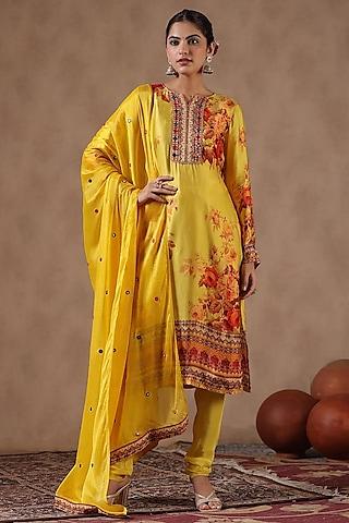 yellow satin floral printed & mirror embellished kurta set