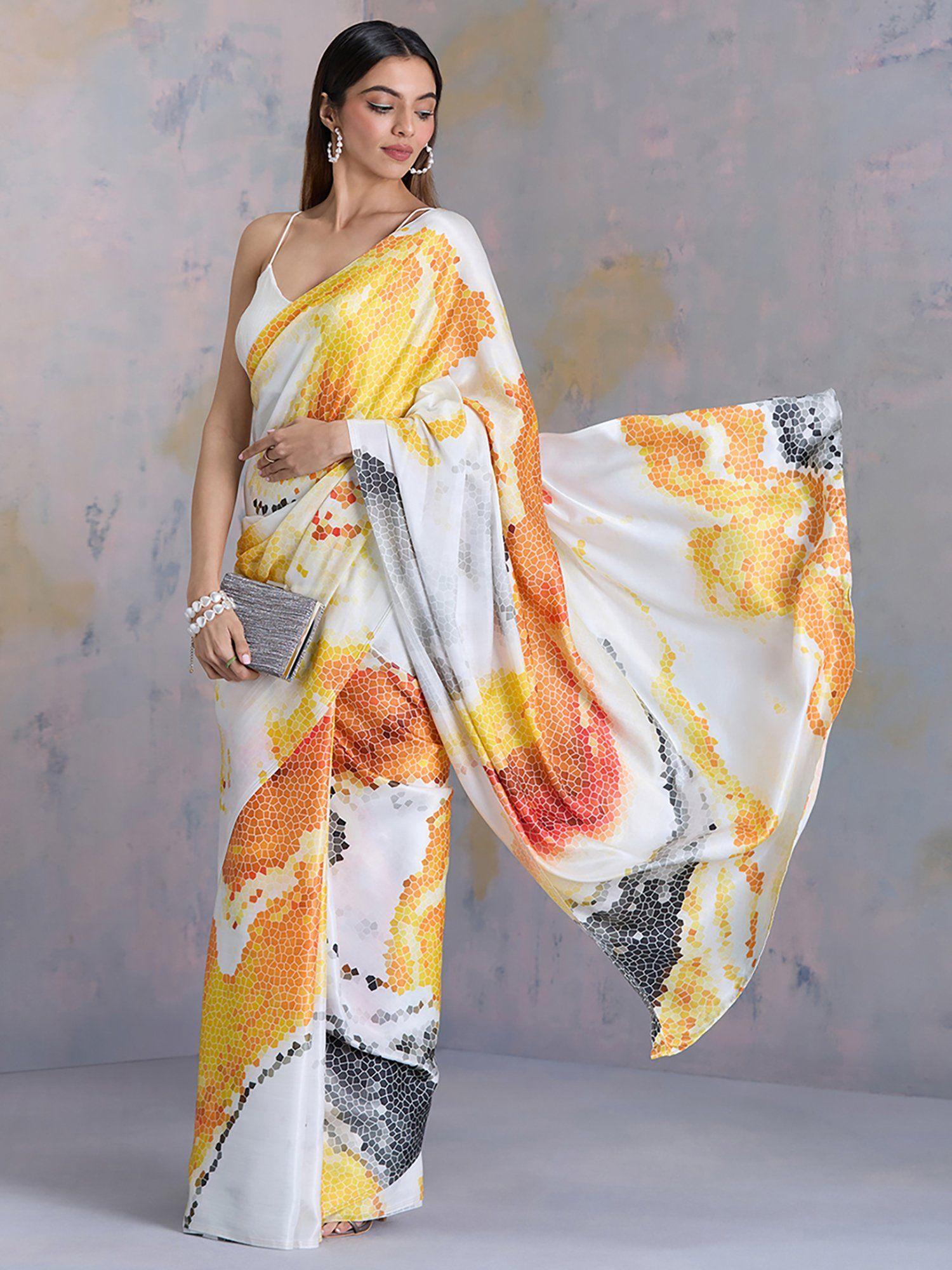 yellow satin geometric print saree with unstitched blouse