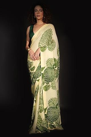 yellow satin georgette digital printed saree set