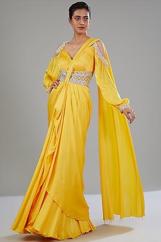 yellow satin georgette hand embroidered gown saree