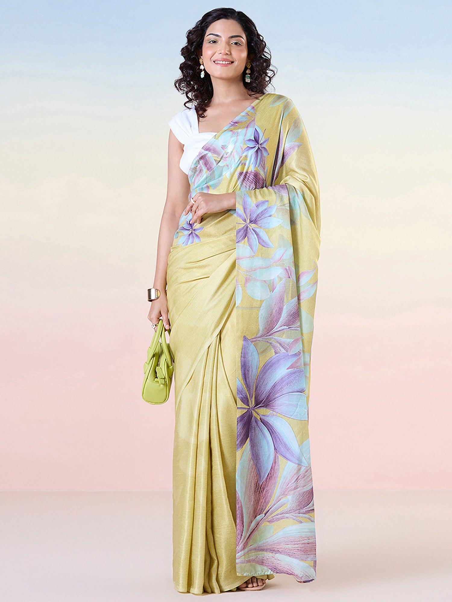 yellow satin lite floral print saree with unstitched blouse