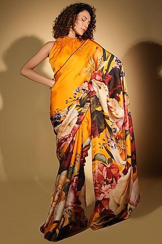 yellow satin organza digital printed saree set