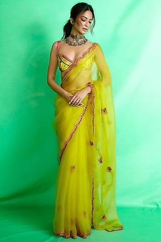 yellow satin organza embroidered saree set