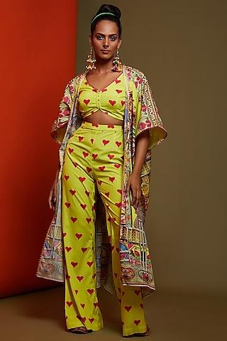 yellow satin printed cape set