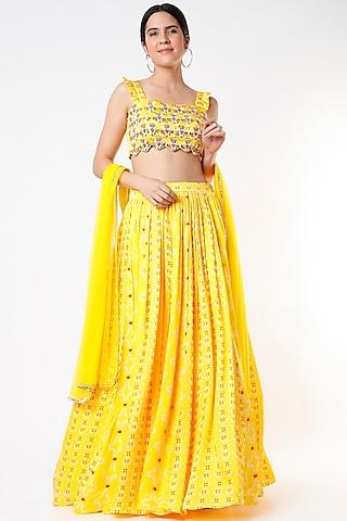 yellow satin silk printed lehenga set