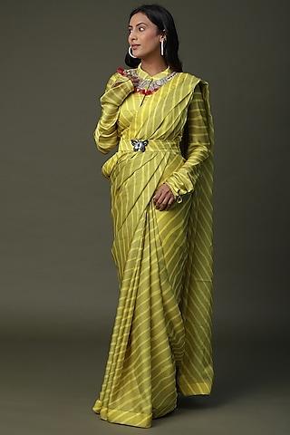 yellow satin silk striped printed pre-stitched drape saree set